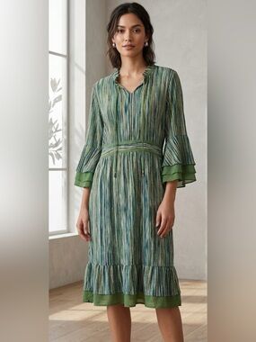 Stylish Striped Tunic with Green Accents and Ruffled Details
